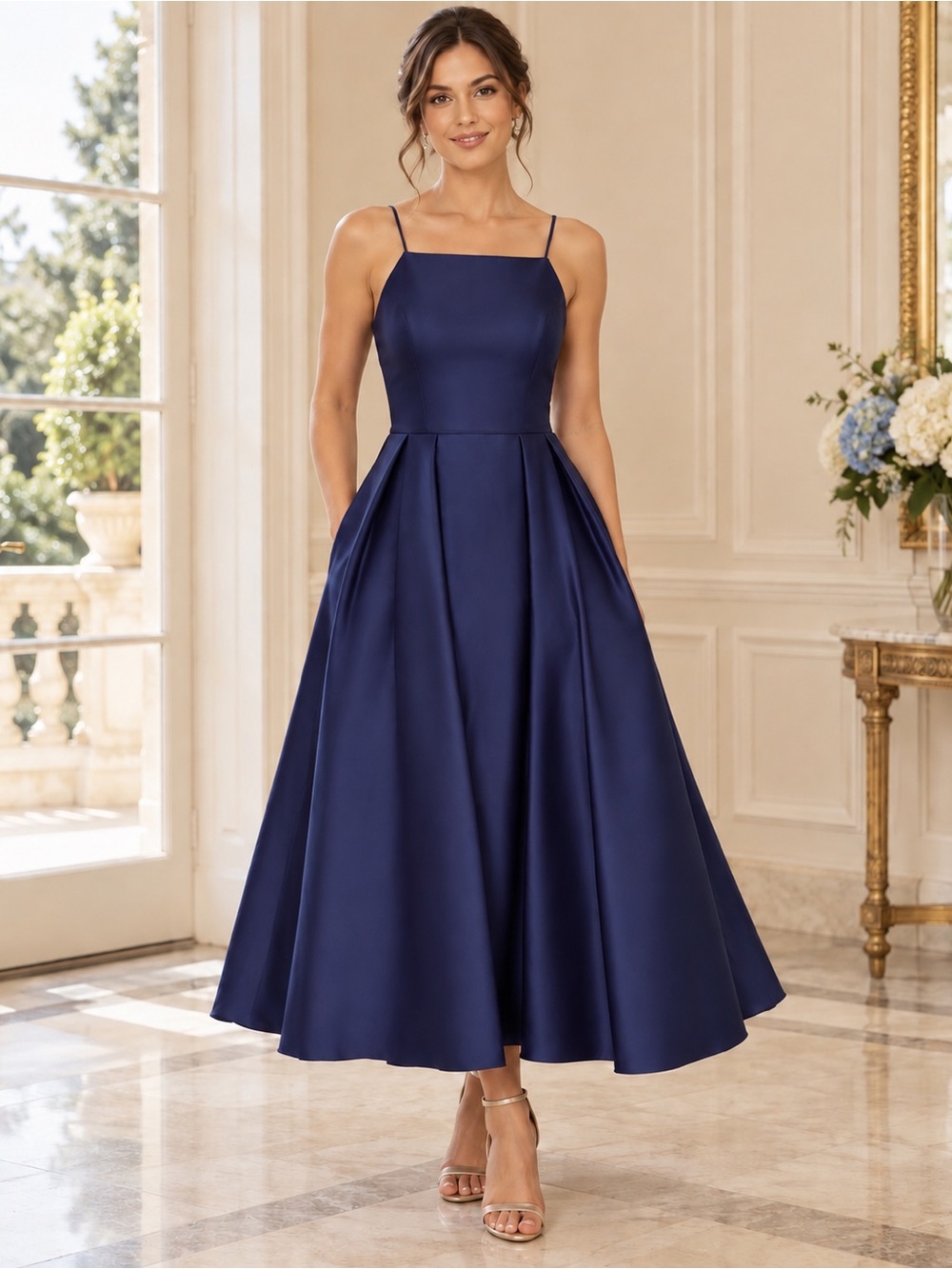 Satin Navy Dress with Square Neck and Spaghetti Straps